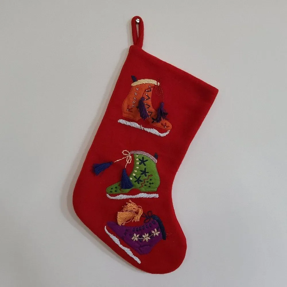 Red Felt Christmas Stocking With Embroidered and Appliqued Ice Skates and Tassel